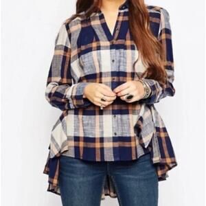 Free People Women's Preppy Plaid Flannel Ruffle Button Up Tunic Top Size M Multi